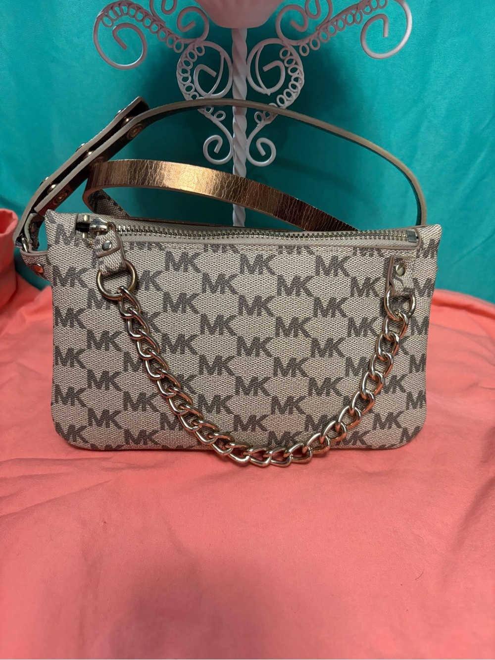 Michael Kors Beige MK Logo Shoulder Bag with Gold Chain